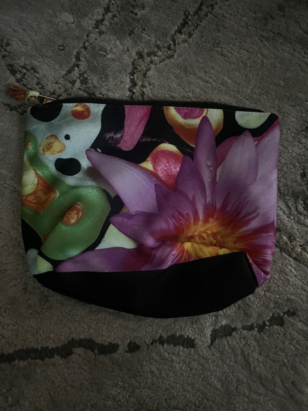 Neiman Marcus Black Cosmetic Pouch with Purple Floral Print
